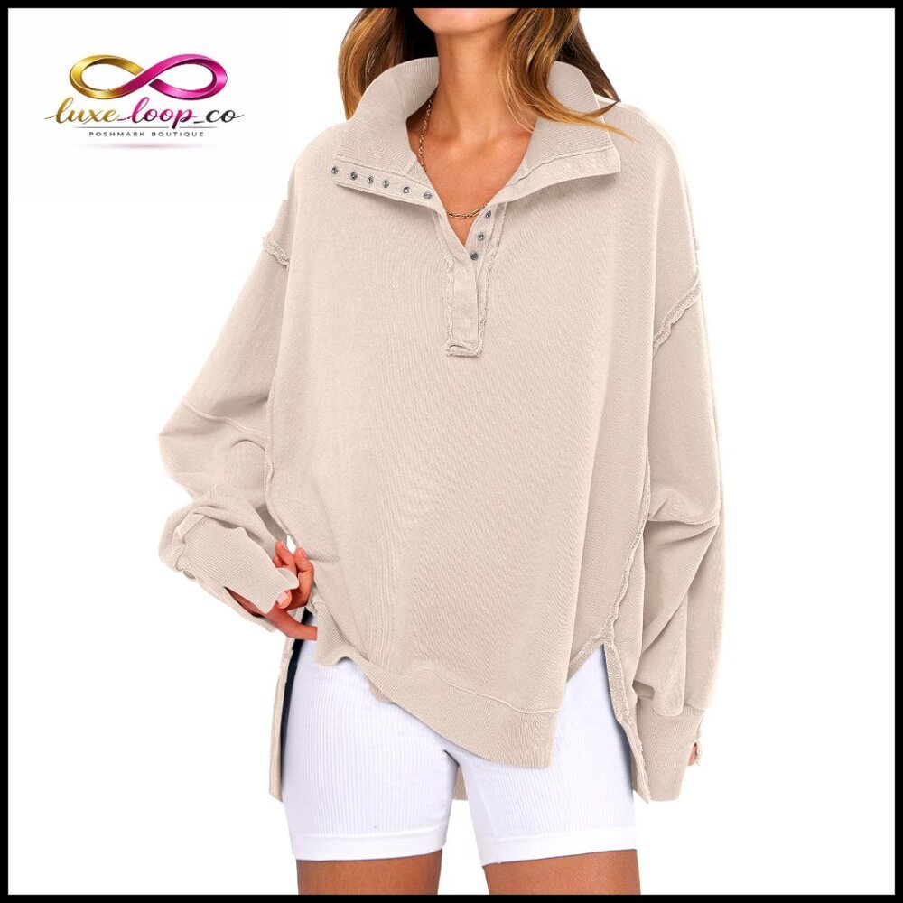 Oversized Henley Pullover Sweatshirt, Long Sleeve, Polyester Blend, Casual